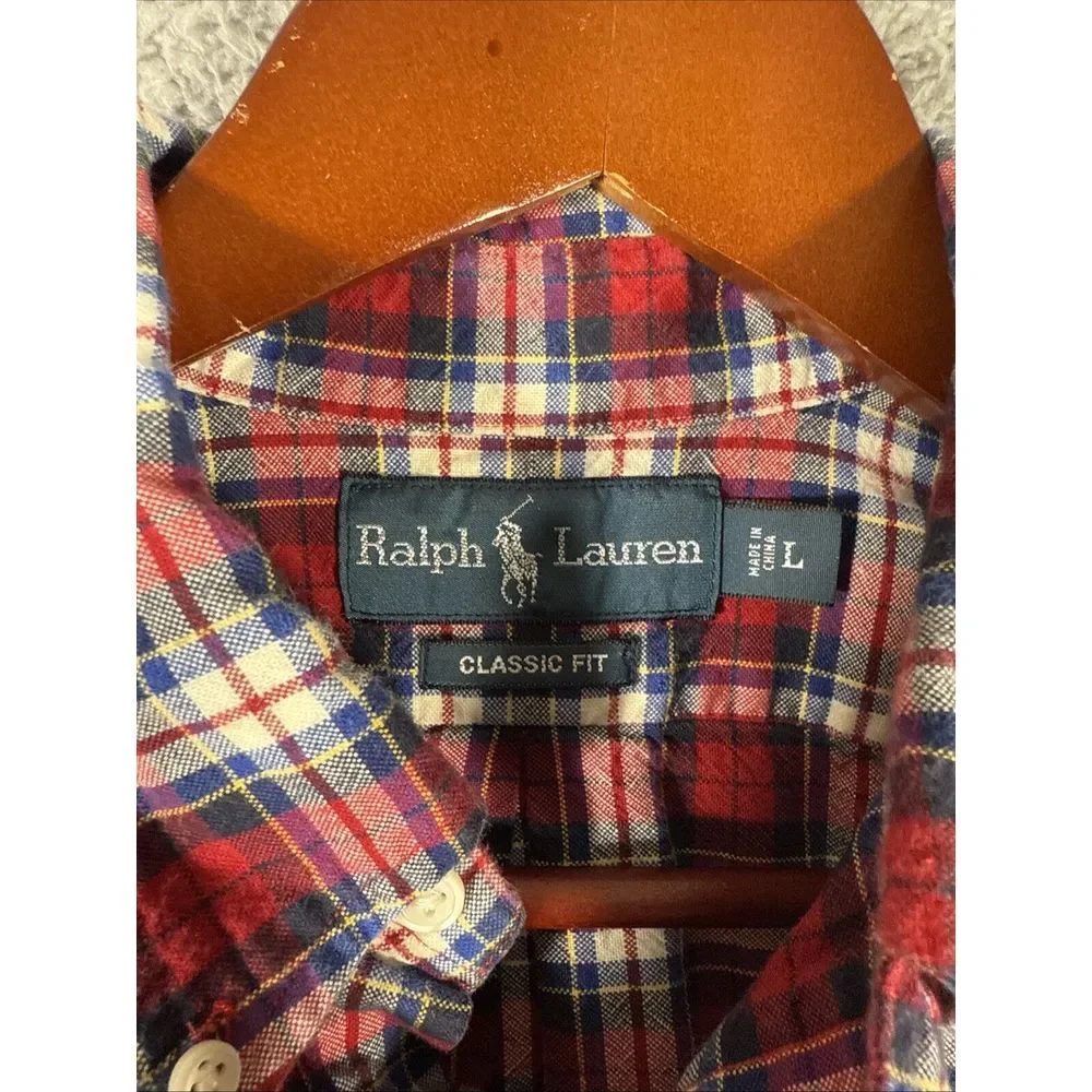 VTG Polo Ralph Lauren Shirt Mens Large Red‎ Plaid Blue Pony